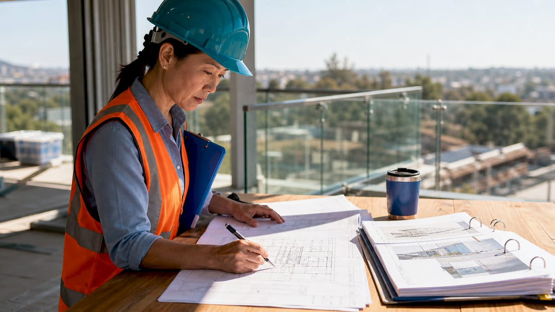 Project manager reviewing glass railing scope documents