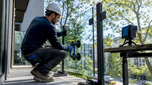 Contractor aligning glass railing panel on balcony
