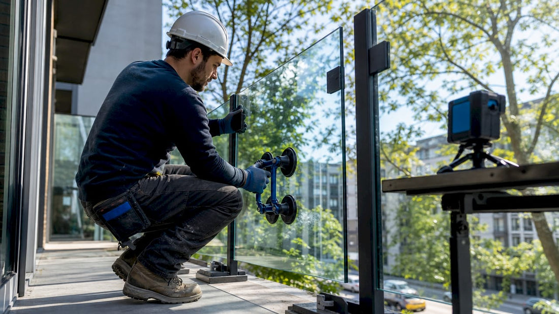 Contractor aligning glass railing panel on balcony