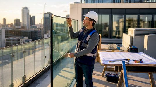 Engineer inspecting glass railing at modular site