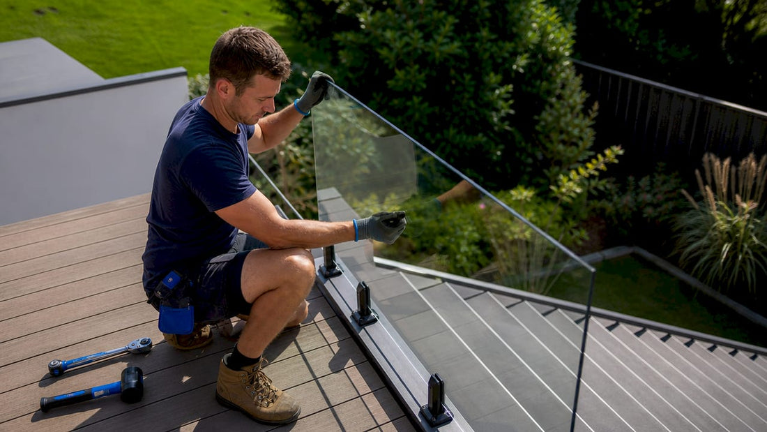 Man fitting glass panel on staircase balustrade