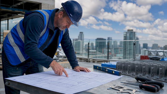 Engineer reviewing podium deck glass railing blueprint