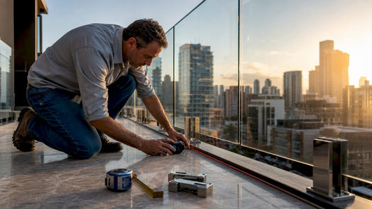 Technician measuring glass railing layout on balcony