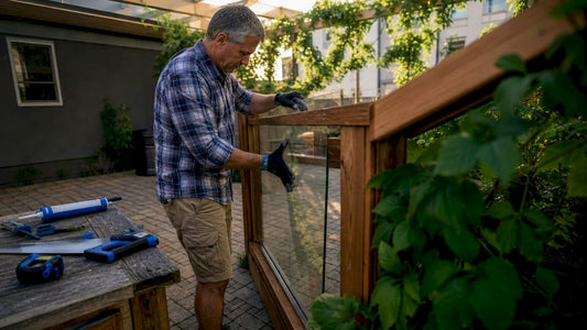 Carpenter installing glass panel into wood railing