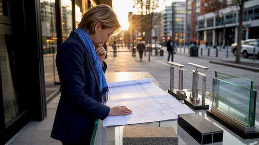 Architect reviewing modern handrail materials outdoors