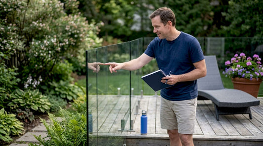 Homeowner inspecting outdoor glass railing panels