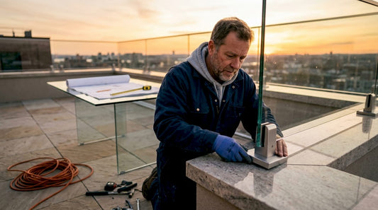 Contractor installing glass railing on deck