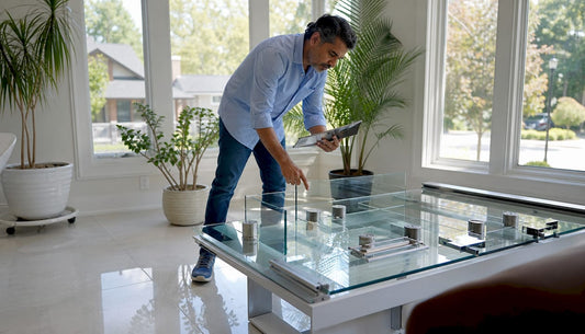Homeowner examining glass railing samples on deck