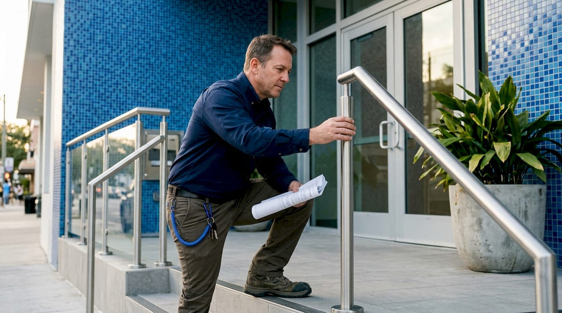 Contractor inspecting commercial entrance railing