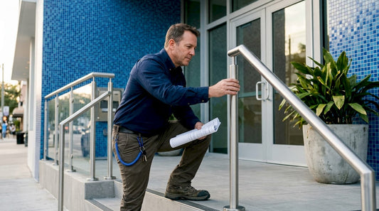 Contractor inspecting commercial entrance railing