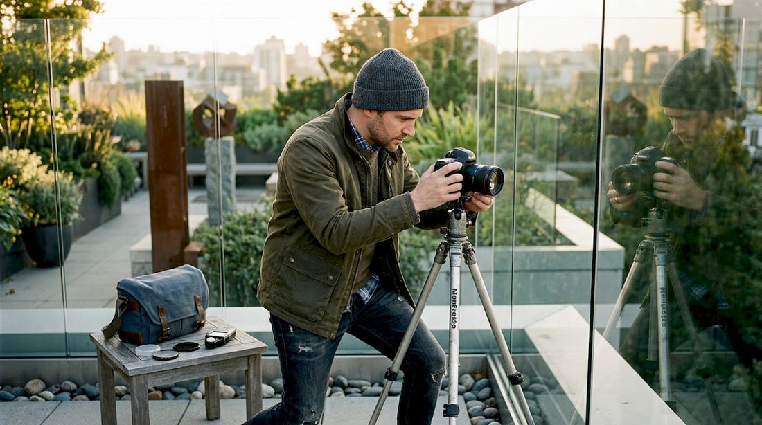 Photographer setting camera near glass railing outdoors