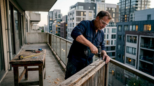 Man removing old railing panel on deck
