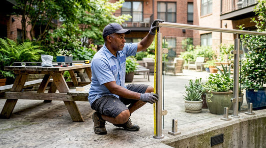 Contractor measuring handrail height on deck