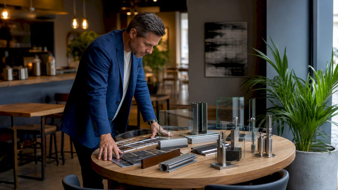 Architect reviewing glass railing material samples