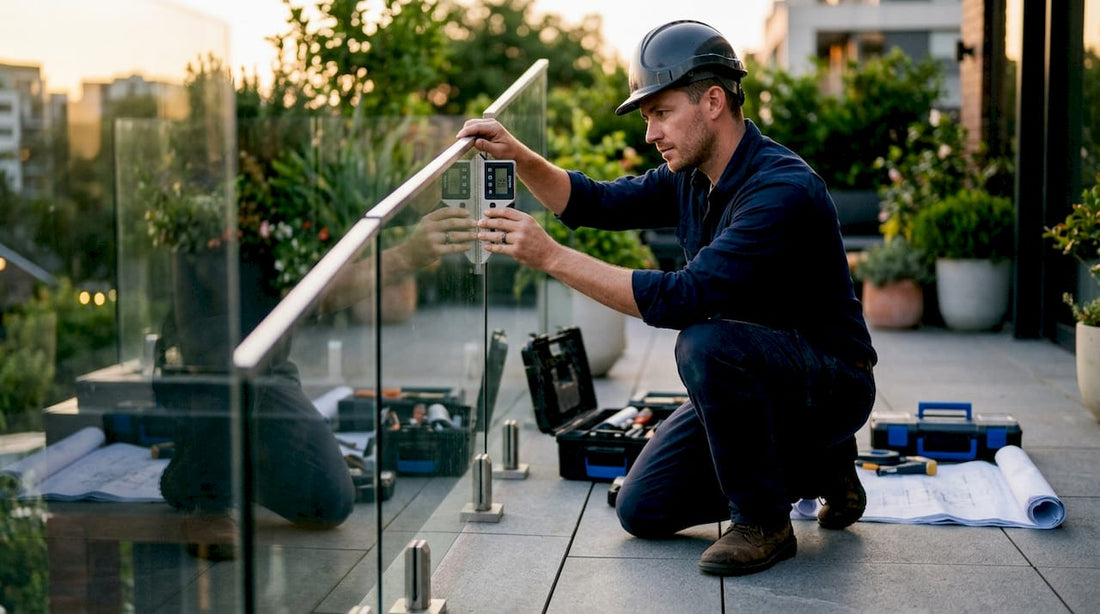 Contractor inspecting sloped glass railing outdoors