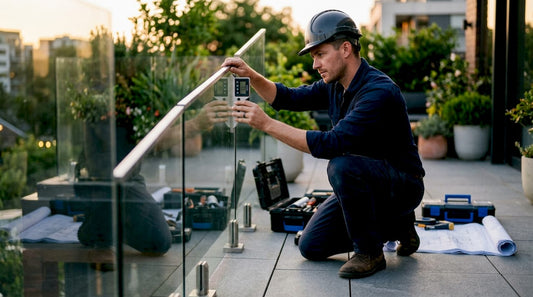 Contractor inspecting sloped glass railing outdoors