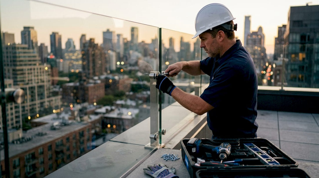 Contractor installing glass railing on balcony
