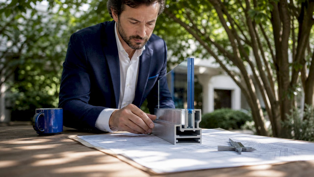 Architect examining glass railing channel prototype