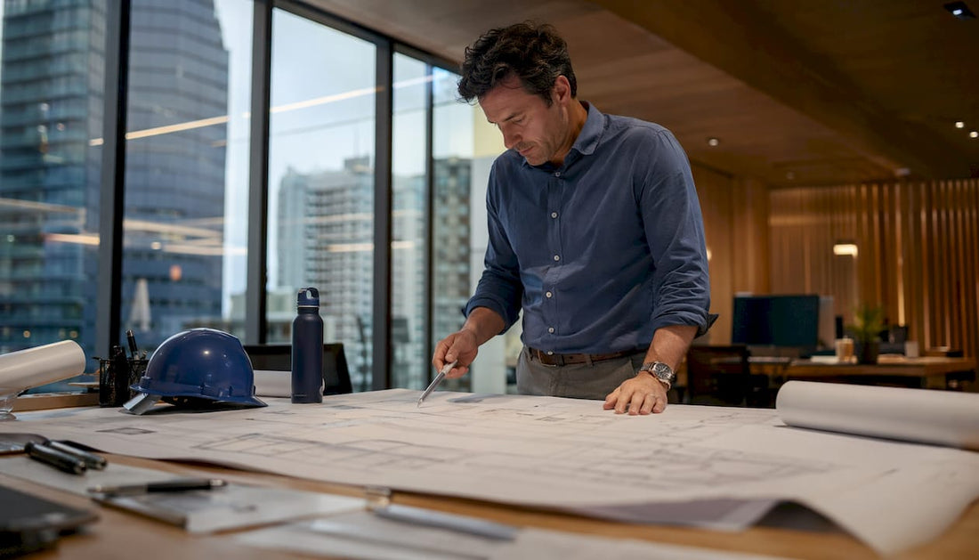 Architect reviewing glass railing blueprints on rooftop project