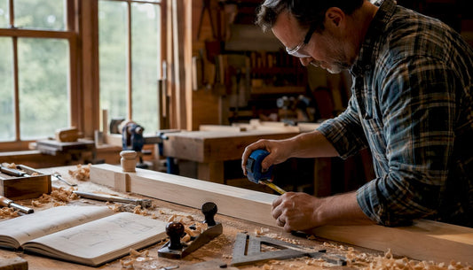 Craftsman measuring custom wooden railing