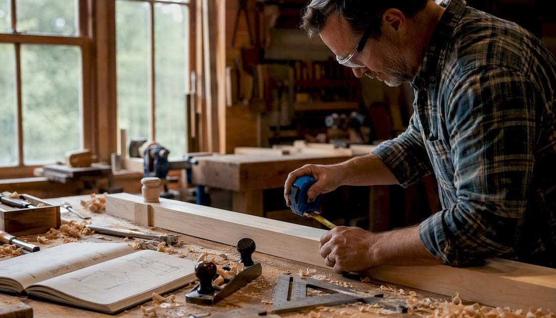 Craftsman measuring custom wooden railing