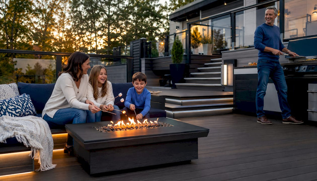 Modern multi-level outdoor deck with family