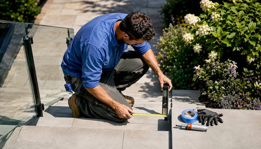 Contractor measuring glass stair rake angle on stairs