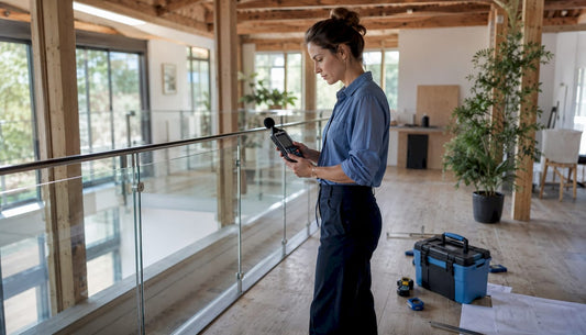 Architect testing soundproof glass railings outdoors