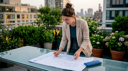 Architect reviewing plans next to glass railing balcony