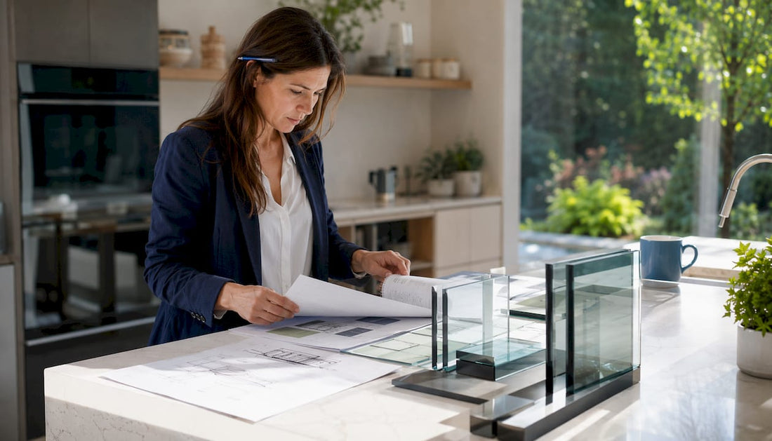 Architect reviewing LEED documents and glass railing samples