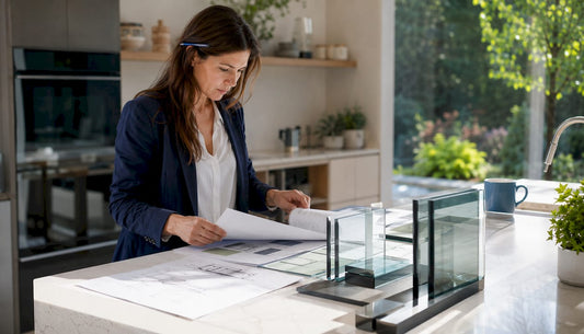 Architect reviewing LEED documents and glass railing samples