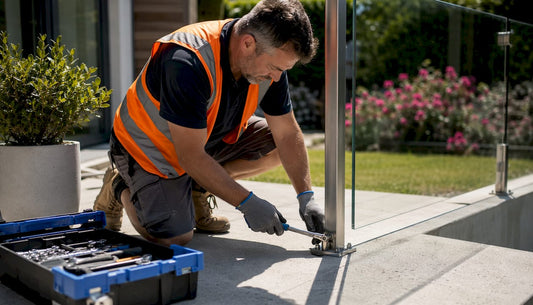 Installer attaching glass railing post base plate