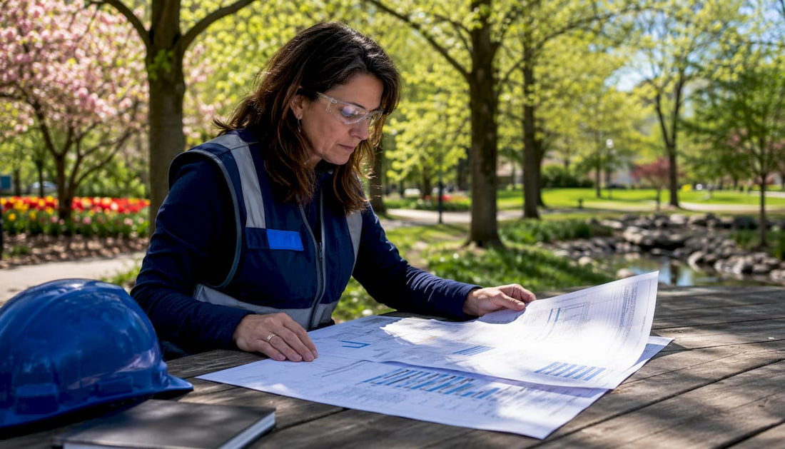 Engineer reviewing glass railing wind load plans outdoors