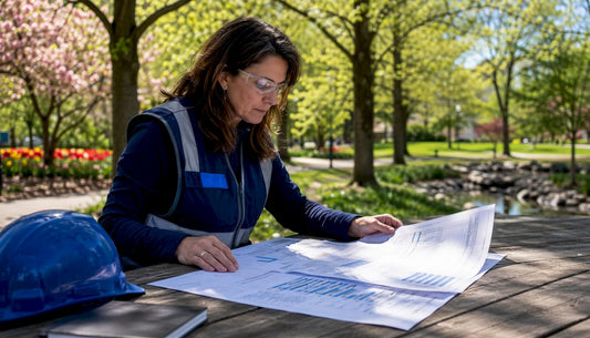 Engineer reviewing glass railing wind load plans outdoors