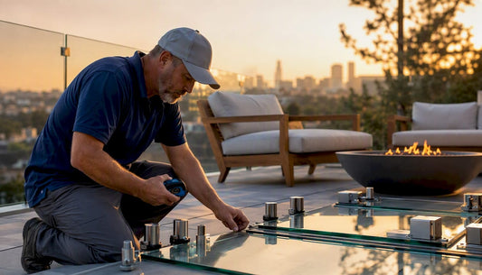 Contractor inspecting glass railing kit on deck