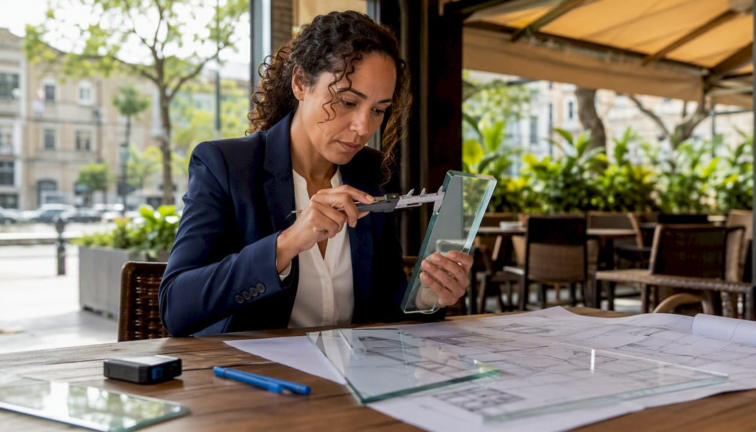Woman inspecting laminated glass for railing quality