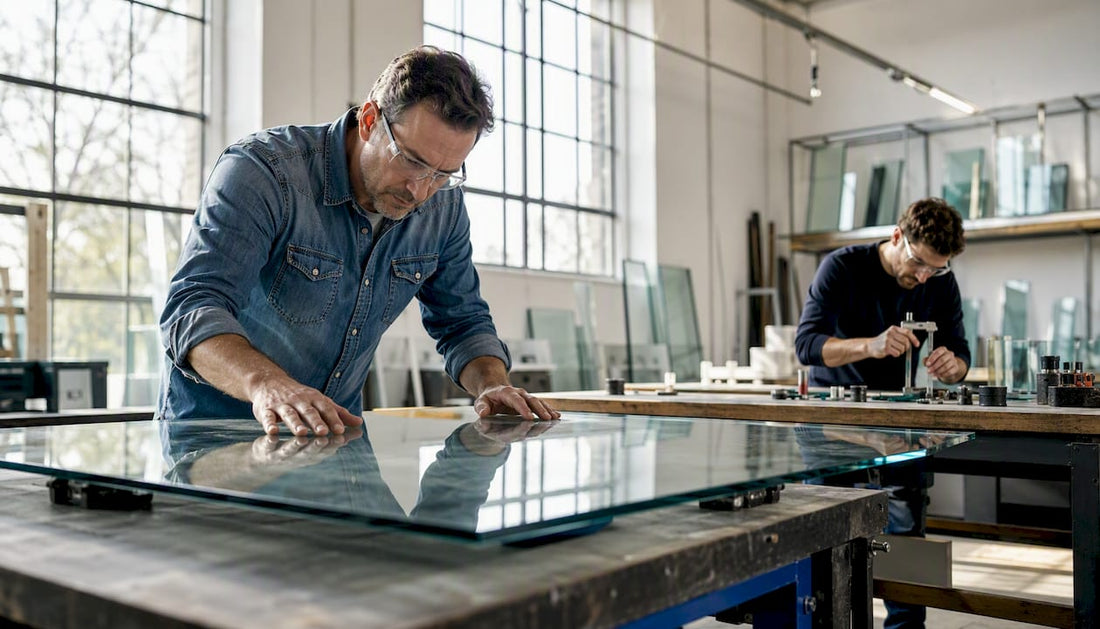 Worker inspecting custom tempered glass panel