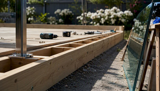 Deck framing with blocking and glass railing post base