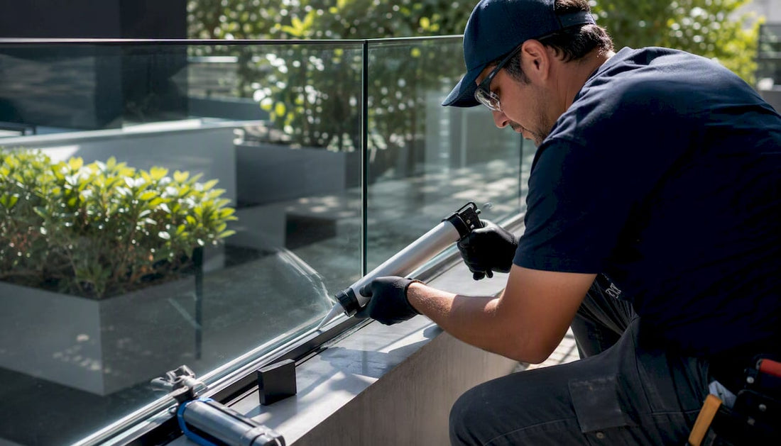 Hands applying silicone sealant to glass railing