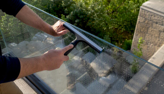 Hands cleaning glass railing with squeegee
