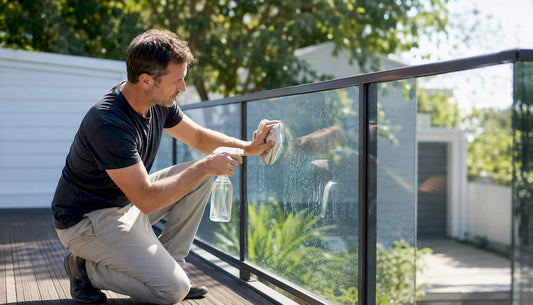 Hands applying vinegar towel on glass railing