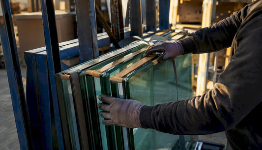 Hands strapping tempered glass panels onto metal rack