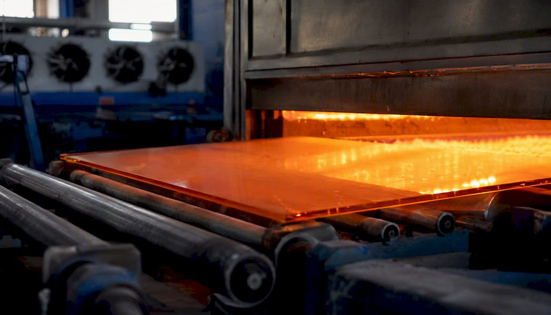 Tempered glass heated and cooled in factory