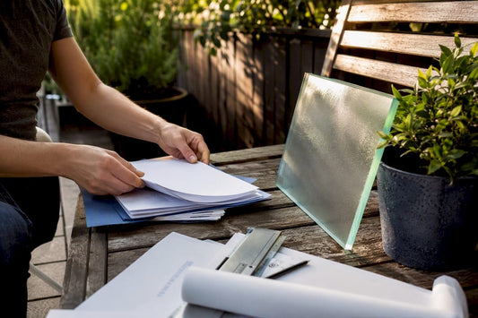 Hands organizing HOA approval paperwork by glass railing