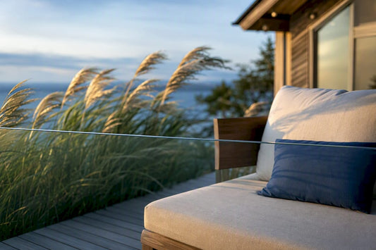 Glass windscreen shielding a deck from wind