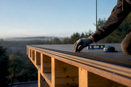 Partial glass railing above deck framing