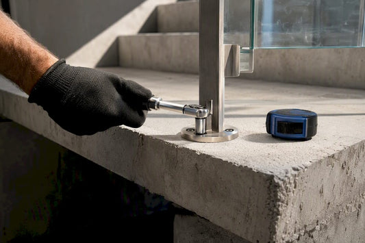 Installer tightening stainless railing anchor
