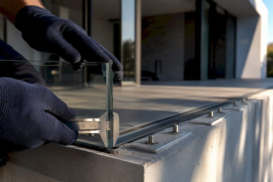 Contractor measuring glass railing panel edge