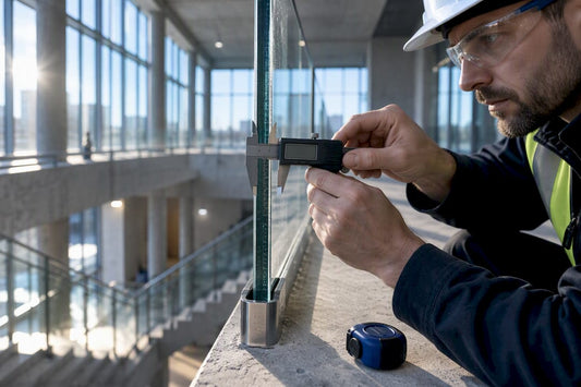 Inspector measuring laminated glass railing edge