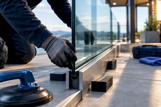 Contractor seating glass panel in U-channel